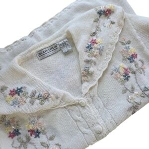 VTG Carolyn Taylor Cardigan Sweater Womens L Ivory Floral Romantic  Cottagecore